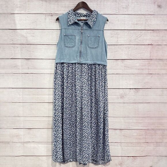 Vintage Studio Denim Vest Top Floral Maxi Dress Size 14 Western Boho Prairie Y2K - Picture 1 of 9